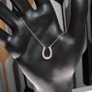 14k Solid White Gold Lucky Horseshoe Necklace with Pave CZ Accents 1.55 Grams